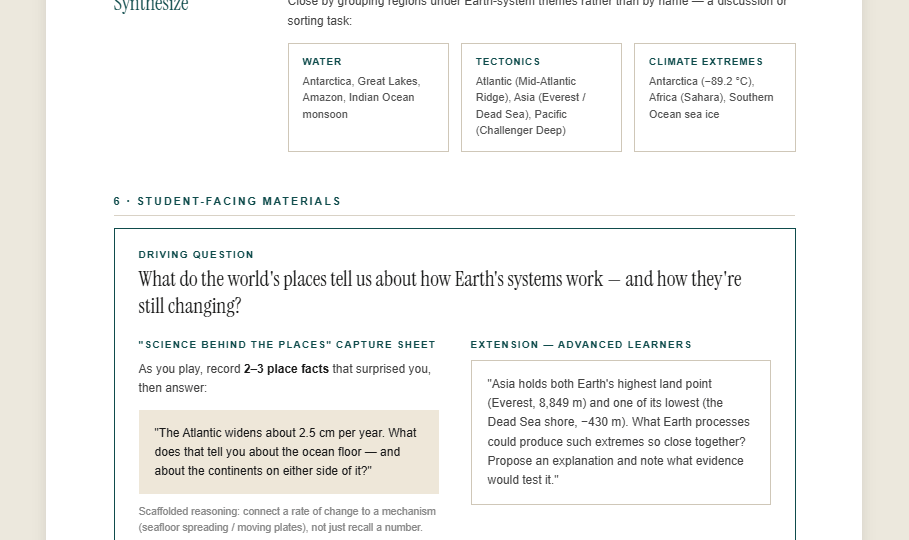 Synthesis grouping and student capture sheet pages of the guide