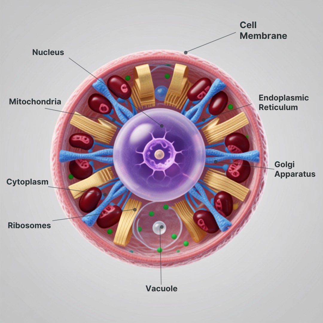 Labeled animal cell diagram: nucleus, mitochondria, endoplasmic reticulum, Golgi apparatus, cytoplasm, ribosomes