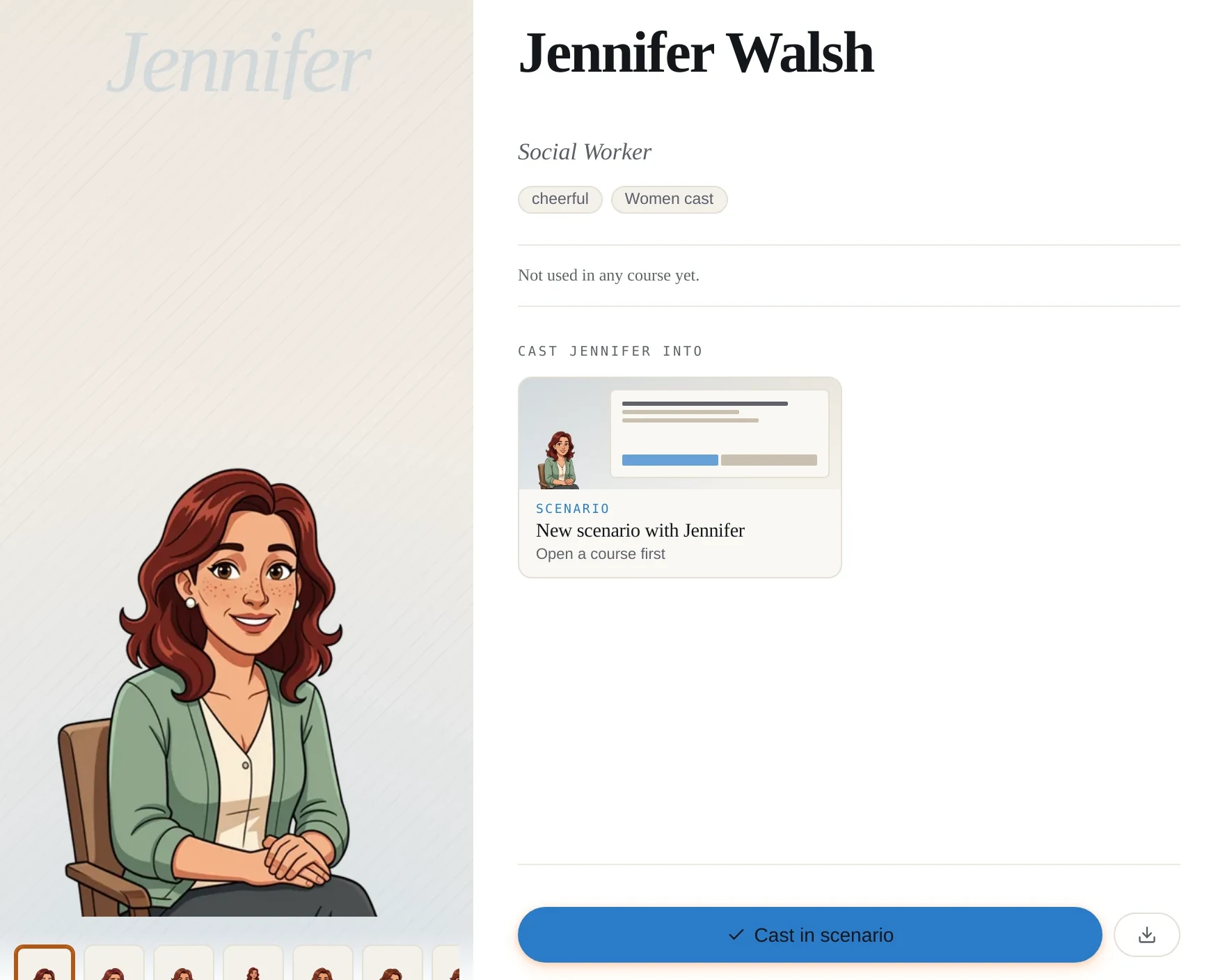 A character from the cast, Jennifer Walsh, a social worker, shown in one of her poses with a button to cast her in a scenario