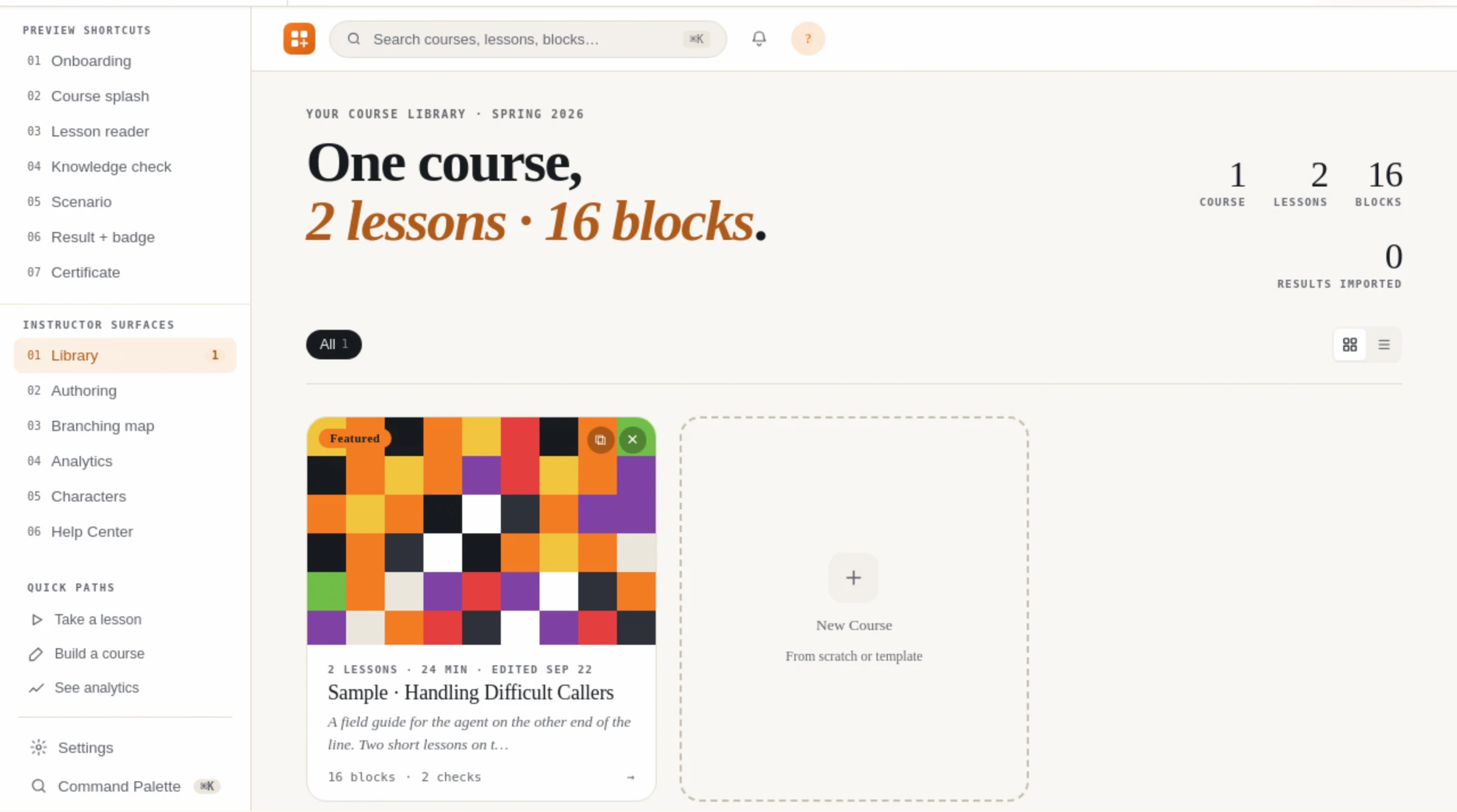 The Course Studio dashboard: instructor surfaces in the left rail, a start-a-course panel, and counters for courses, blocks authored and average duration