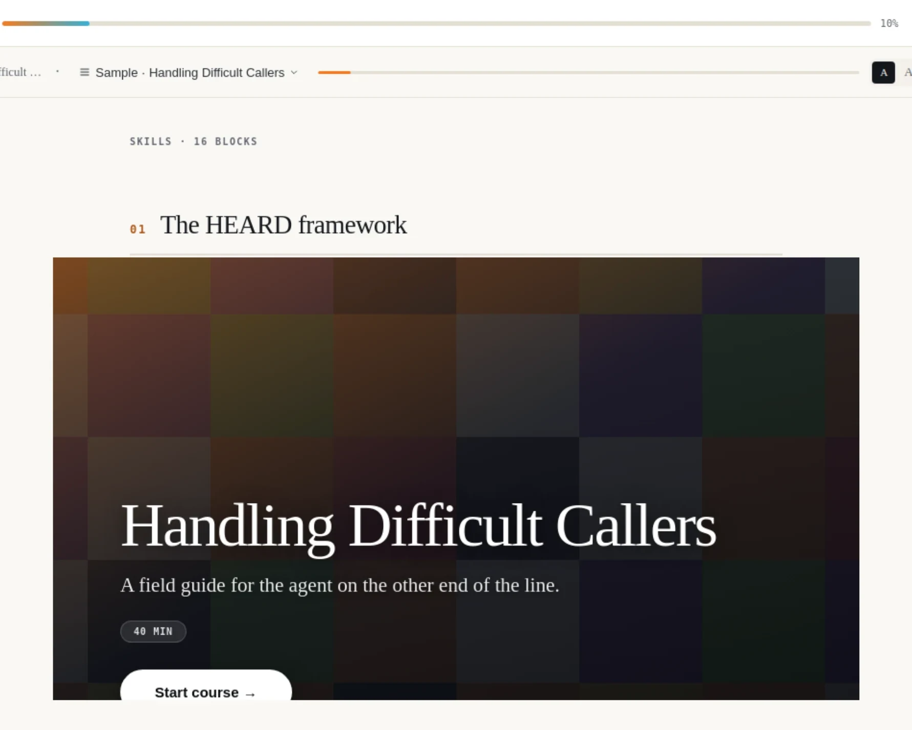 The learner reader with a progress bar, a text-size control and a full-width lesson hero block
