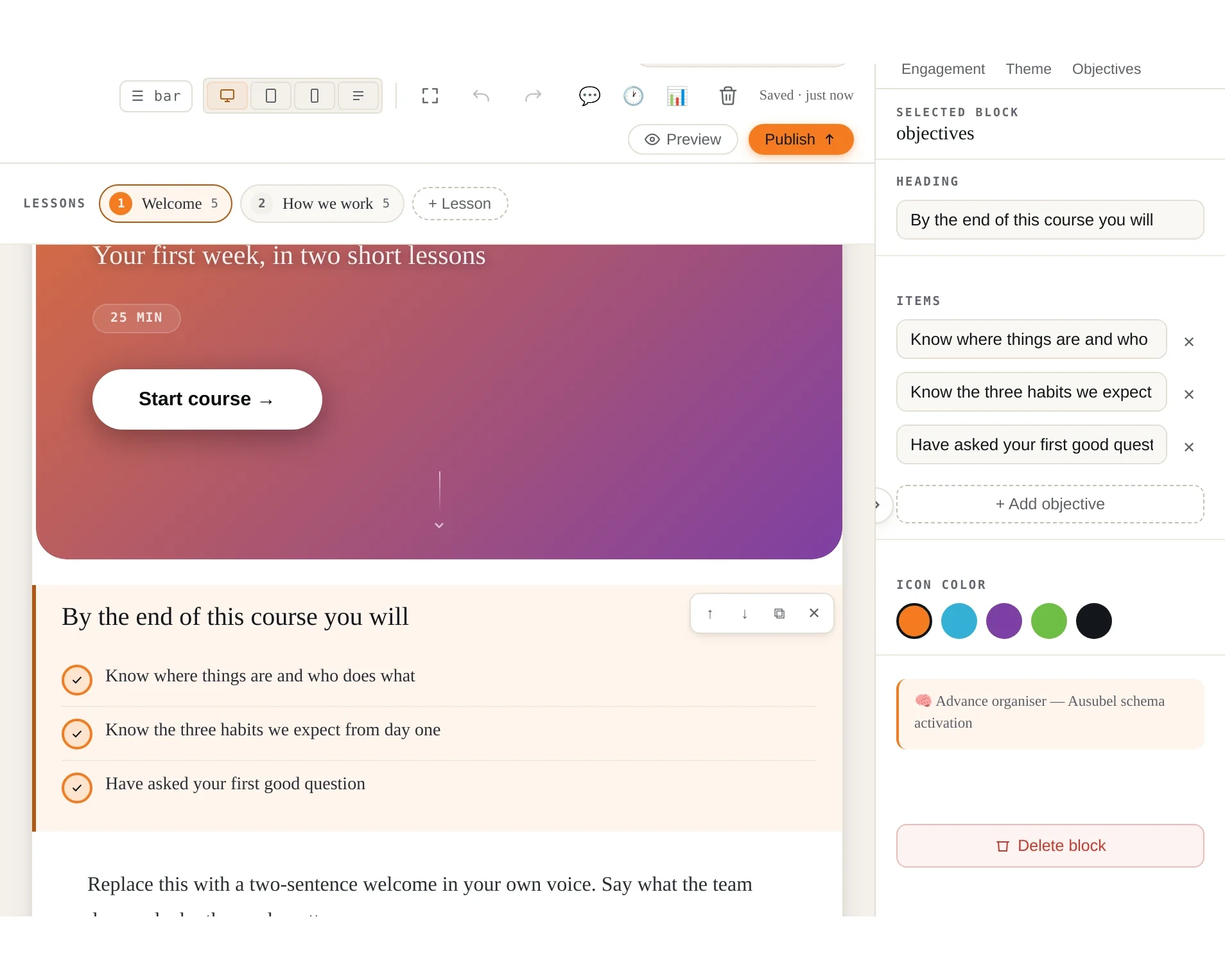 The authoring canvas with an objectives block selected: the inspector lists what learners will be able to do by the end, with a note naming the advance organiser behind it