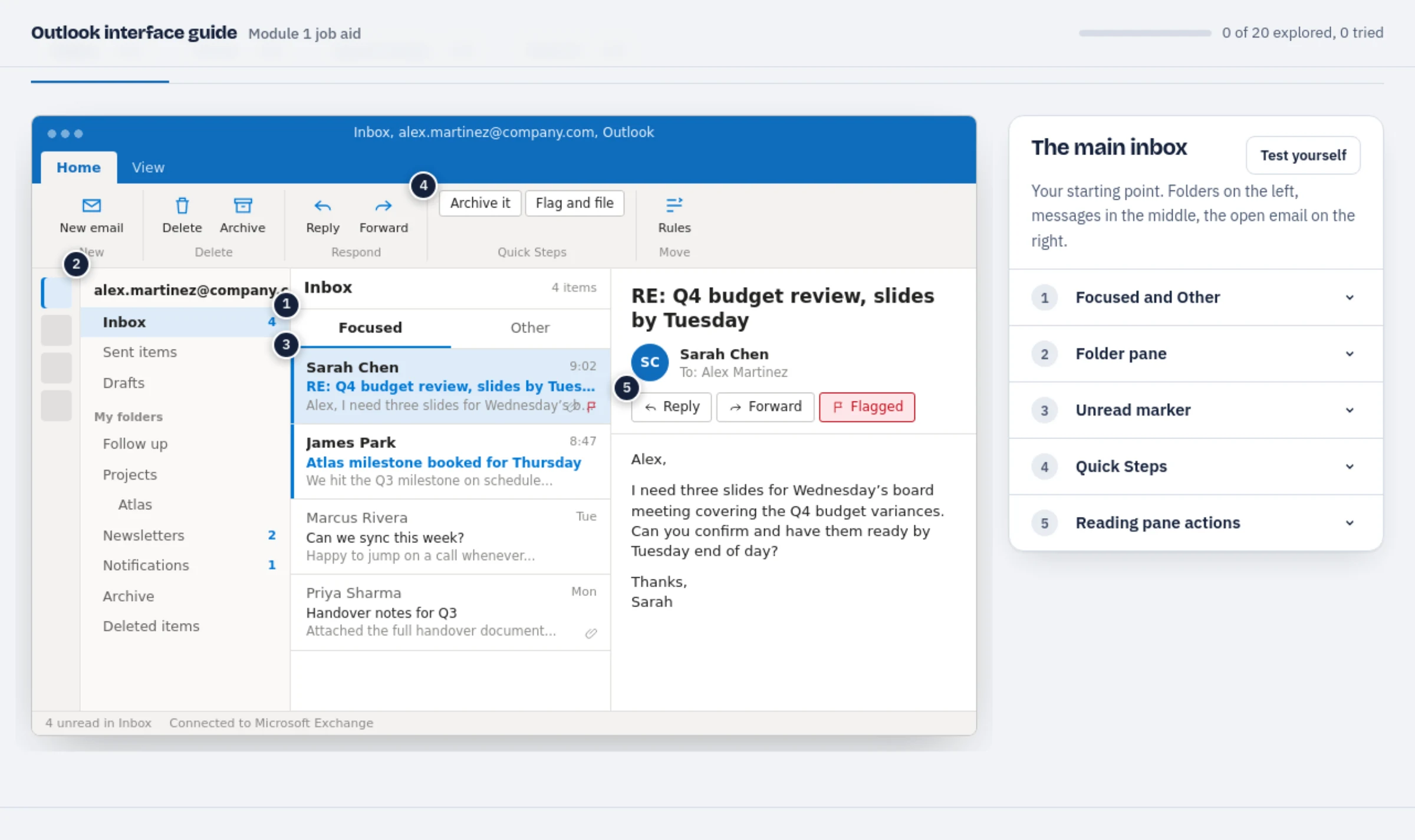 The interactive Outlook interface guide with numbered markers over the inbox, beside the panel that explains each part