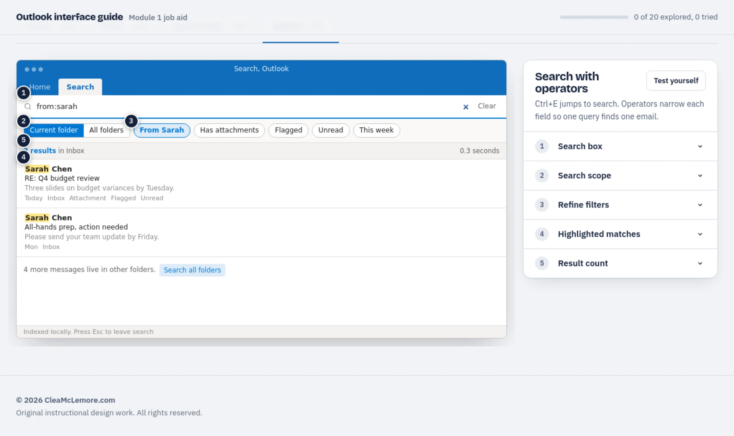 Search operators auto-fill the search bar and filter the result list live