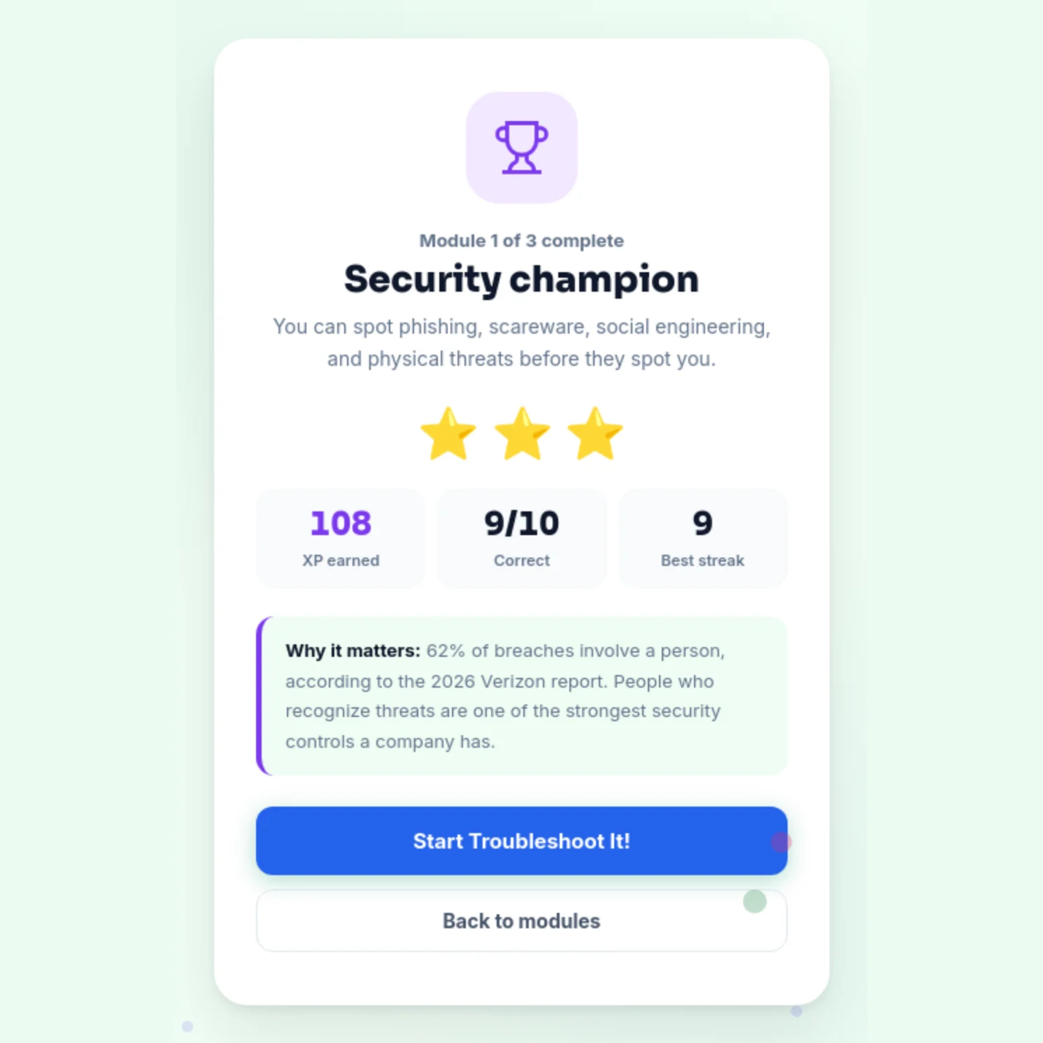 Module complete: three stars and the title Security champion, 108 XP for nine of ten correct, and why it matters