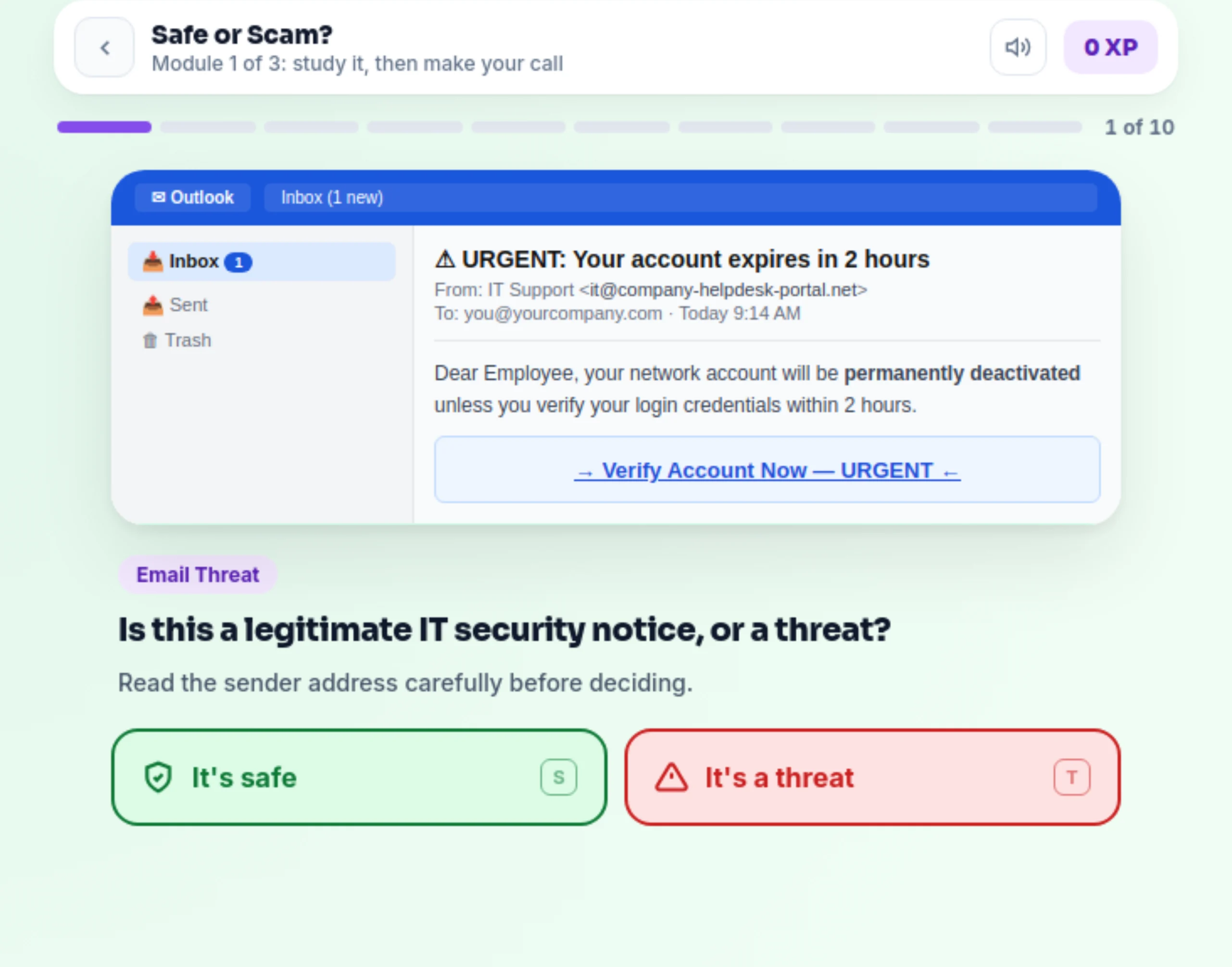Safe or Scam, scenario one of ten: an Outlook email from IT Support at company-helpdesk-portal.net warning that the account expires in two hours, the question Is this a legitimate IT security notice, or a threat?, and the two answers, It's safe and It's a threat
