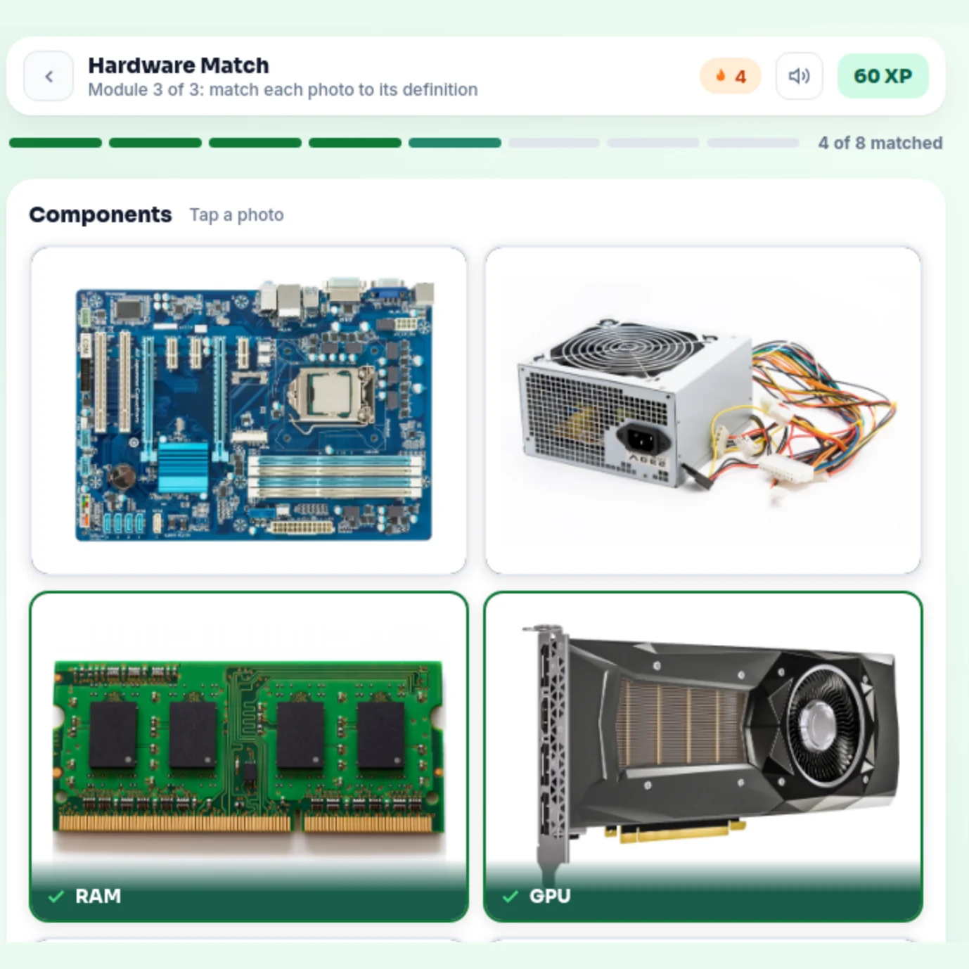 Hardware Match: photos of computer components, with RAM and GPU matched