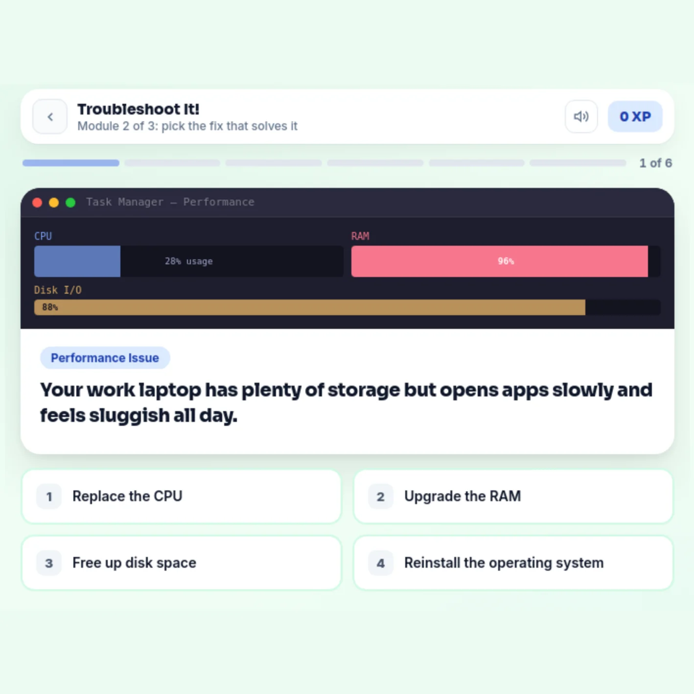 Troubleshoot It: a Task Manager readout showing memory near full, the problem described, and four possible fixes