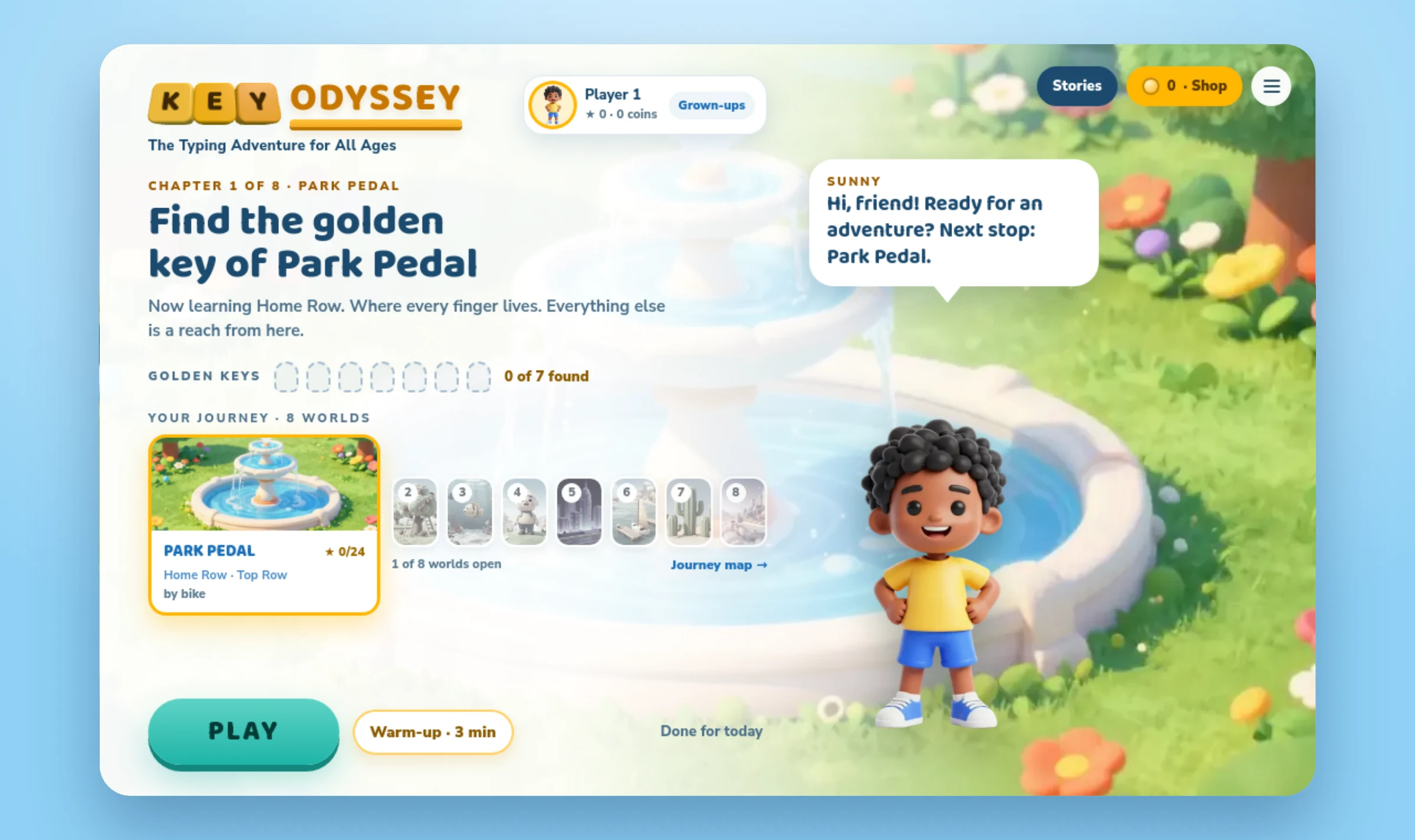 Key Odyssey home screen: chapter one of eight, the golden keys to find, all eight worlds and the Play button, with the guide in Park Pedal