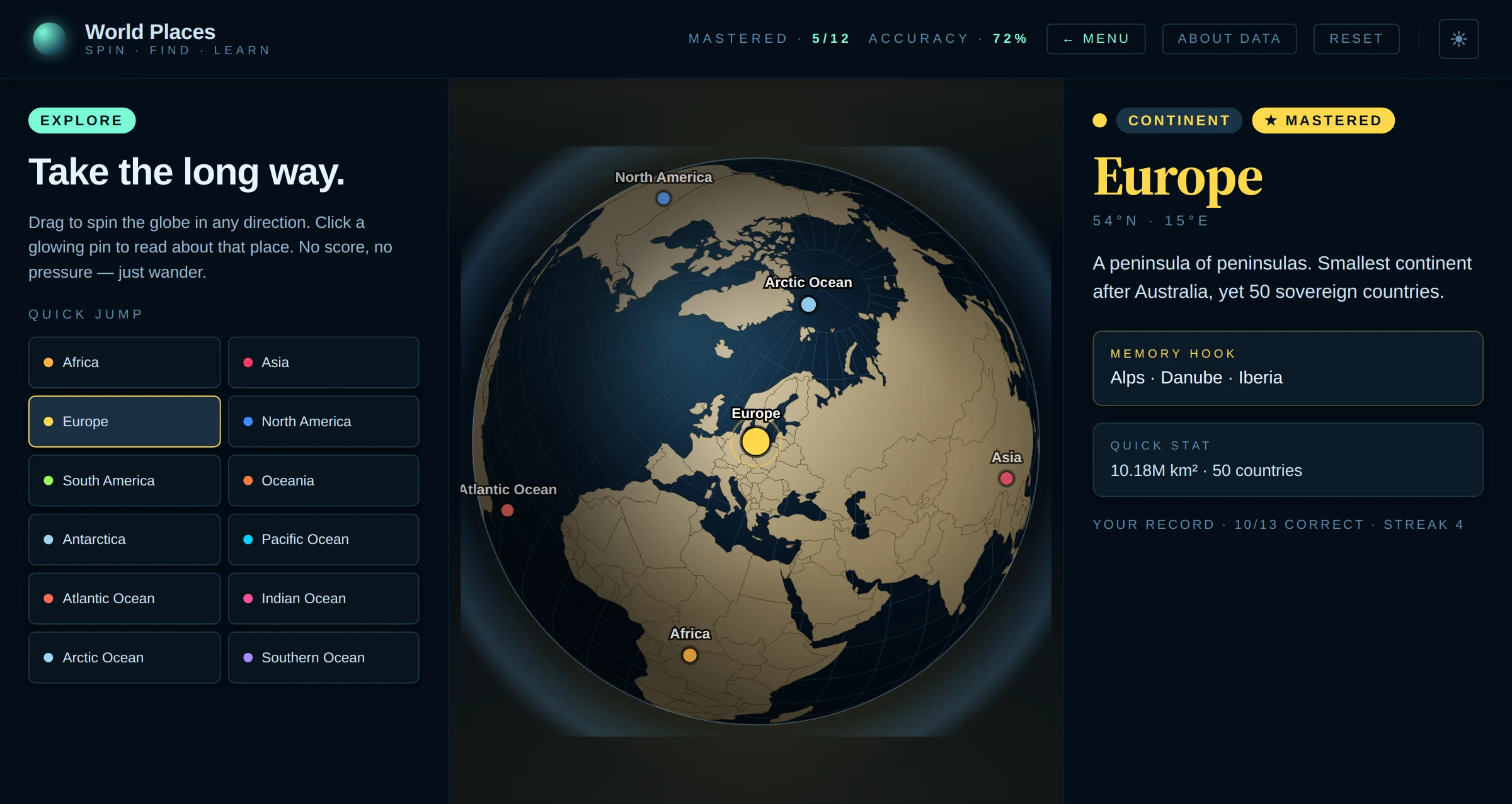 Explore mode: the interactive 3D globe centered on Europe, with glowing continent and ocean pins, a Quick Jump panel, and a Europe fact card showing its memory hook and quick stats