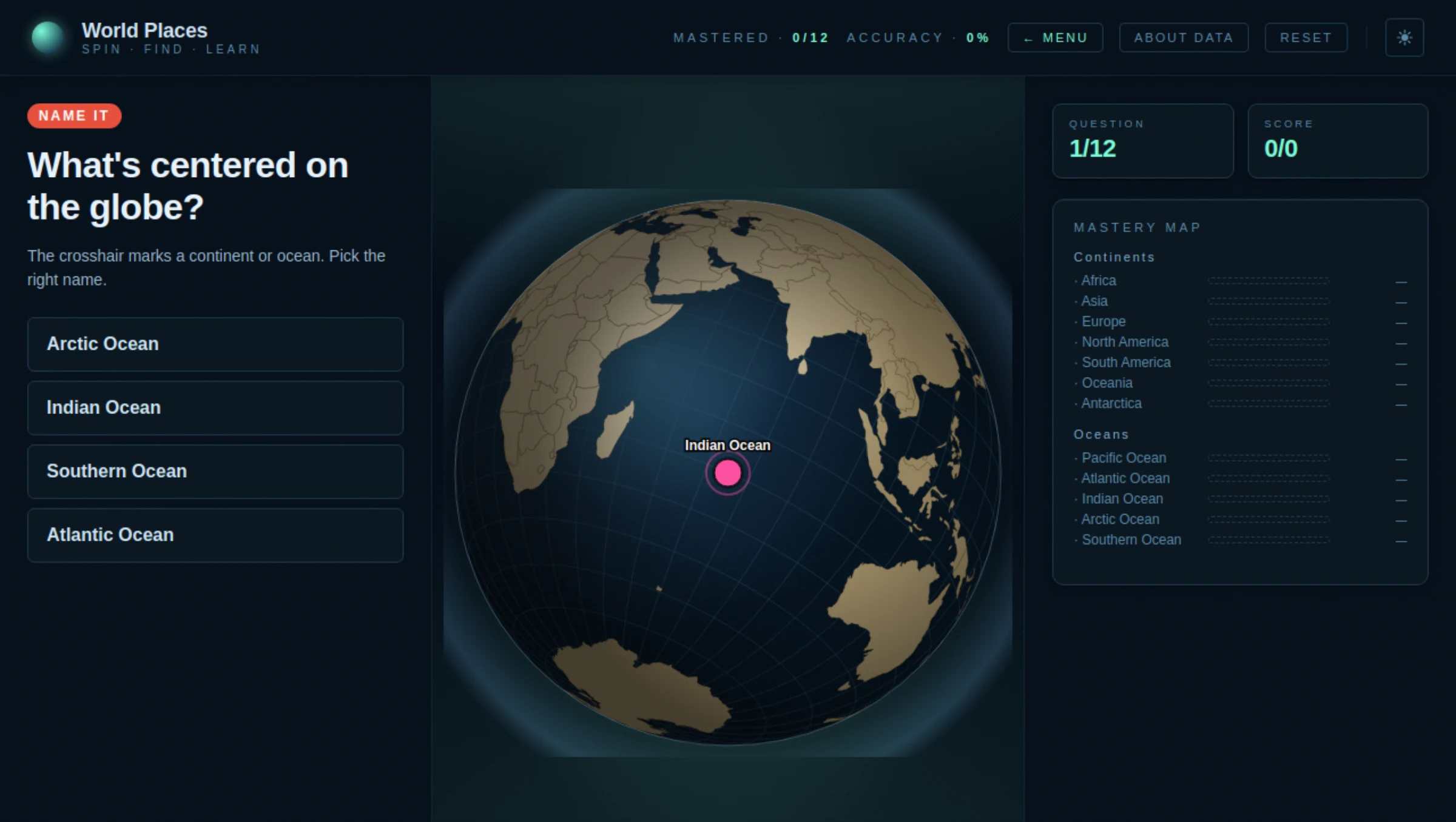 Name It mode: a crosshair marks a region on the globe and the learner picks the correct name from four options